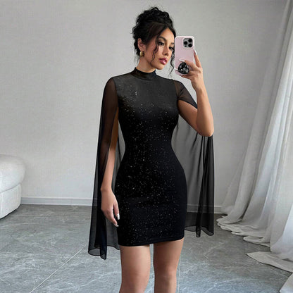 Stylish High-neck Dress Black Featuring Sparkling Rhinestones And Sequins Figure-hugging Fit Short Sleeves Mesh Patchwork