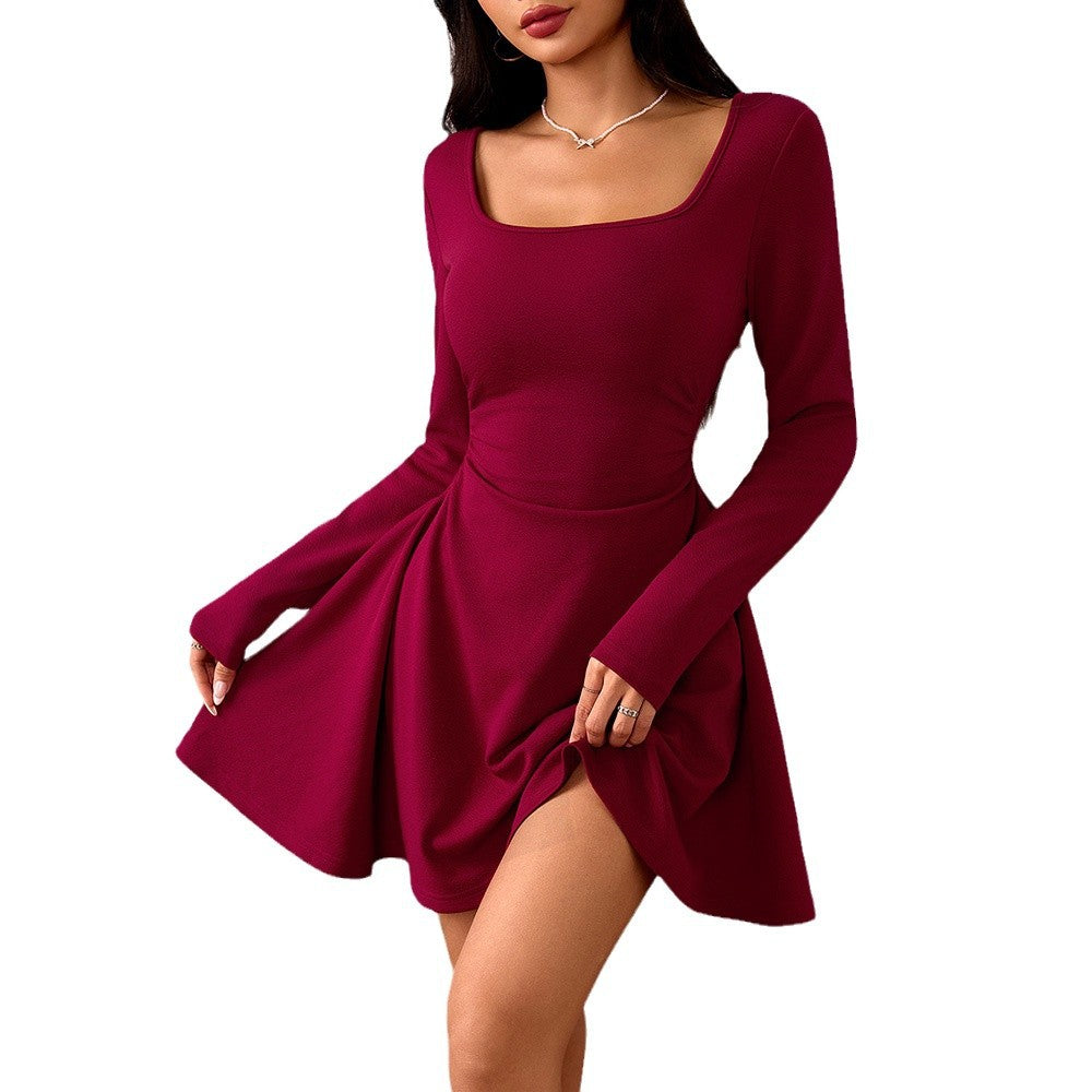 Elegant Square-neck Dress With A High-waisted Designer-style Wine-red Hue