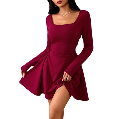 Elegant Square-neck Dress With A High-waisted Designer-style Wine-red Hue