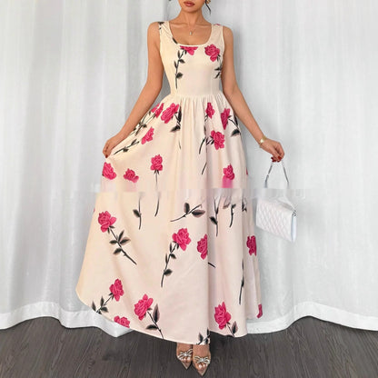 Women's Floral Print Square-Neck Sleeveless Elegant Dress