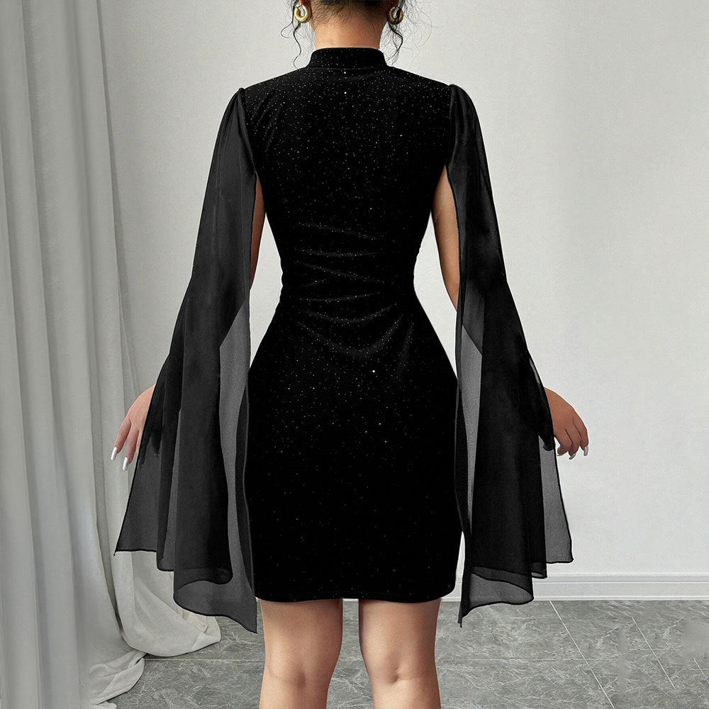 Stylish High-neck Dress Black Featuring Sparkling Rhinestones And Sequins Figure-hugging Fit Short Sleeves Mesh Patchwork