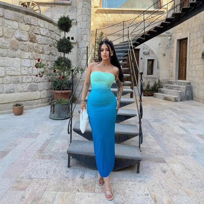 Summer Slim-fit Sexy Strapless Ombre Midi Dress