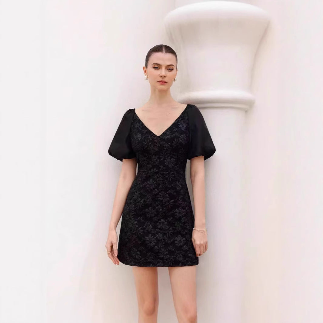 Retro Waist-Cinching Lace-Up Patchwork Pleated-Sleeve Dress