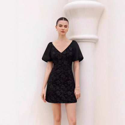 Retro Waist-Cinching Lace-Up Patchwork Pleated-Sleeve Dress