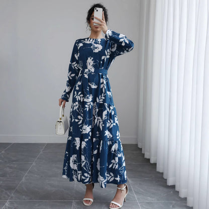 Blue Long-sleeved Round-neck Waist-tied Slim-fit Printed Midi Dress