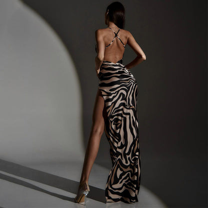 Fashionable Printed Patchwork Backless Slip Dress With Slit