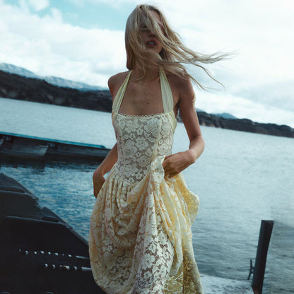 Lace Solid Color Halter Backless Bustier Waist-cinching Dress