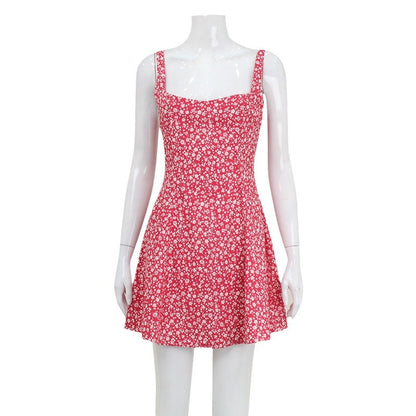 Square Neck Open Back Fresh And Sweet Printed Suspender Dress