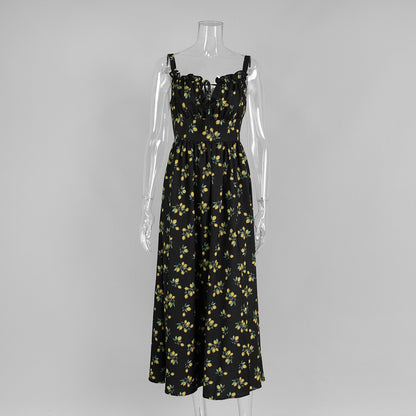 Low-collar Tie-waist High-waist Slit High-waist Printed Dress