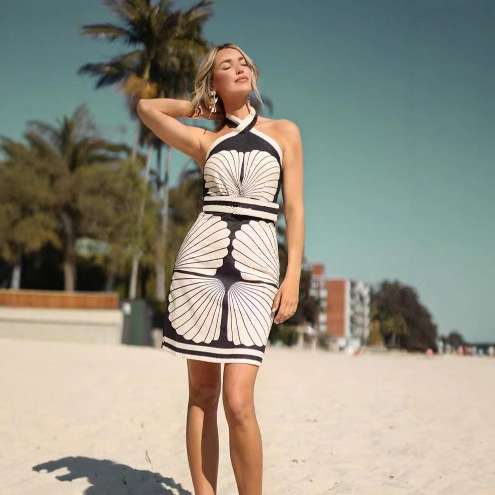 Transgender Shell Positioning Print Halter Tie Dress