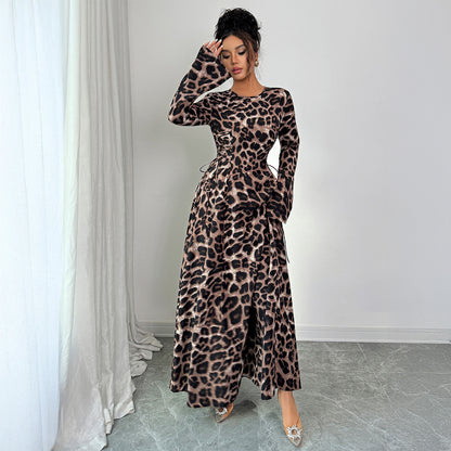 French Leopard Print Long Sleeve Dress Women