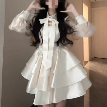 Plus Size French Style Bow Knot Mesh Patchwork Dress