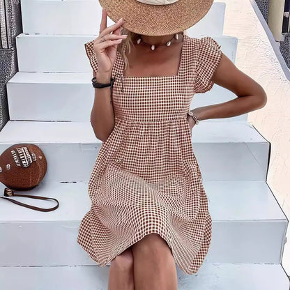 Square-neck Yarn-dyed Plaid Long-sleeve Loose-fitting Dress With Zippered Pockets