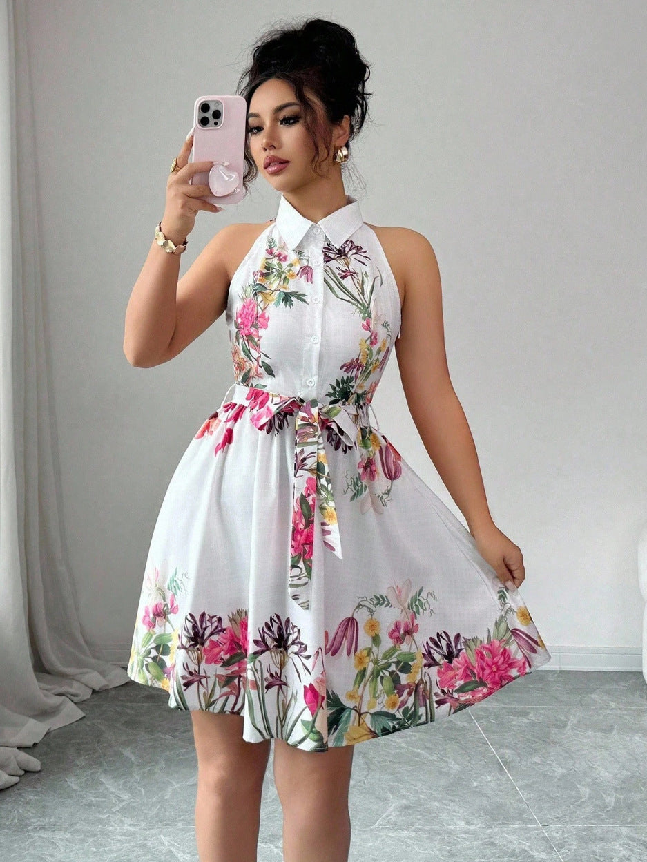 Women's Casual Printed Waist-Cinching Halter-Neck Lace-Up Dress
