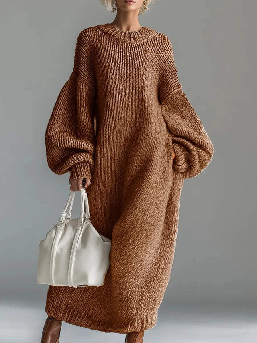 Crew-neck Loose-fit Lantern-sleeve Long Knit Sweater Dress