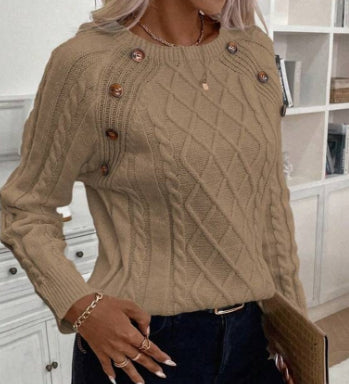 Square Neck Knitted Sweater With Button Design Winter Warm Long Sleeve Tops Women's Clothing