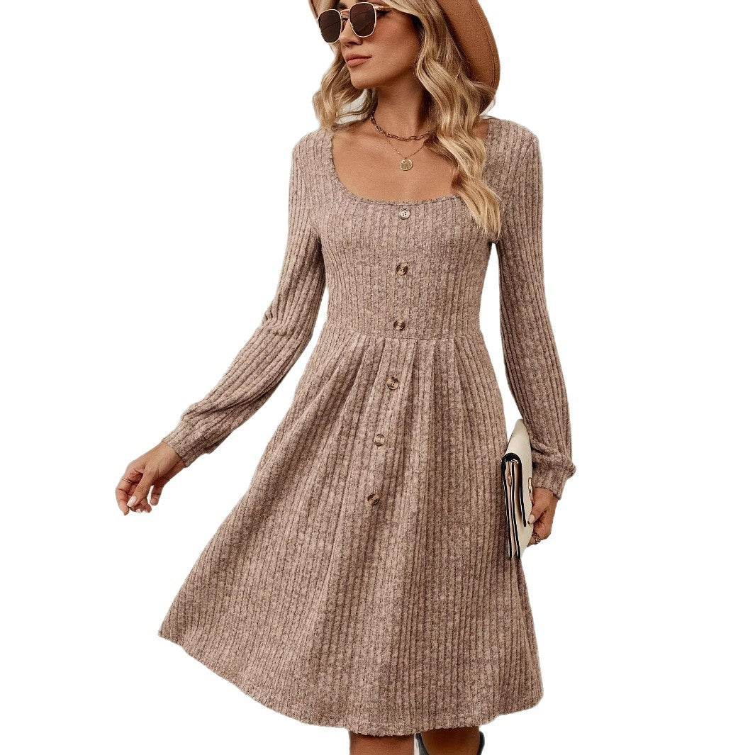 Women's Casual Fashion Loose Solid-Color Ribbed Long-Sleeve Dress