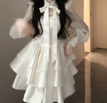 Plus Size French Style Bow Knot Mesh Patchwork Dress