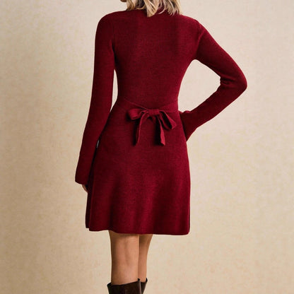 Women's High Neck Flared Sleeve Knit Sweater Dress Elegant Solid Color Long Sleeve