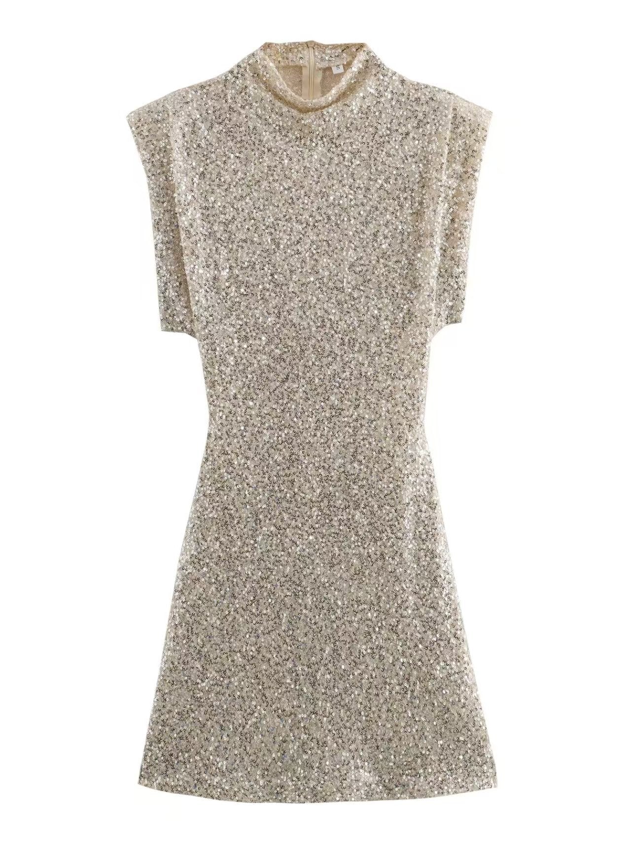 Sequins Decorated Sleeveless Shoulder Pad Sequin Dress