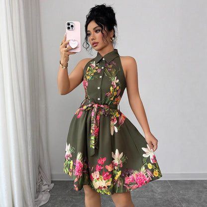Women's Casual Printed Waist-Cinching Halter-Neck Lace-Up Dress
