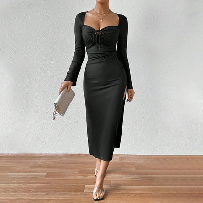 French Elegant Socialite Style Dress For Women Autumn And Winter Square Neck Sexy Slit Fitted Midi Dress