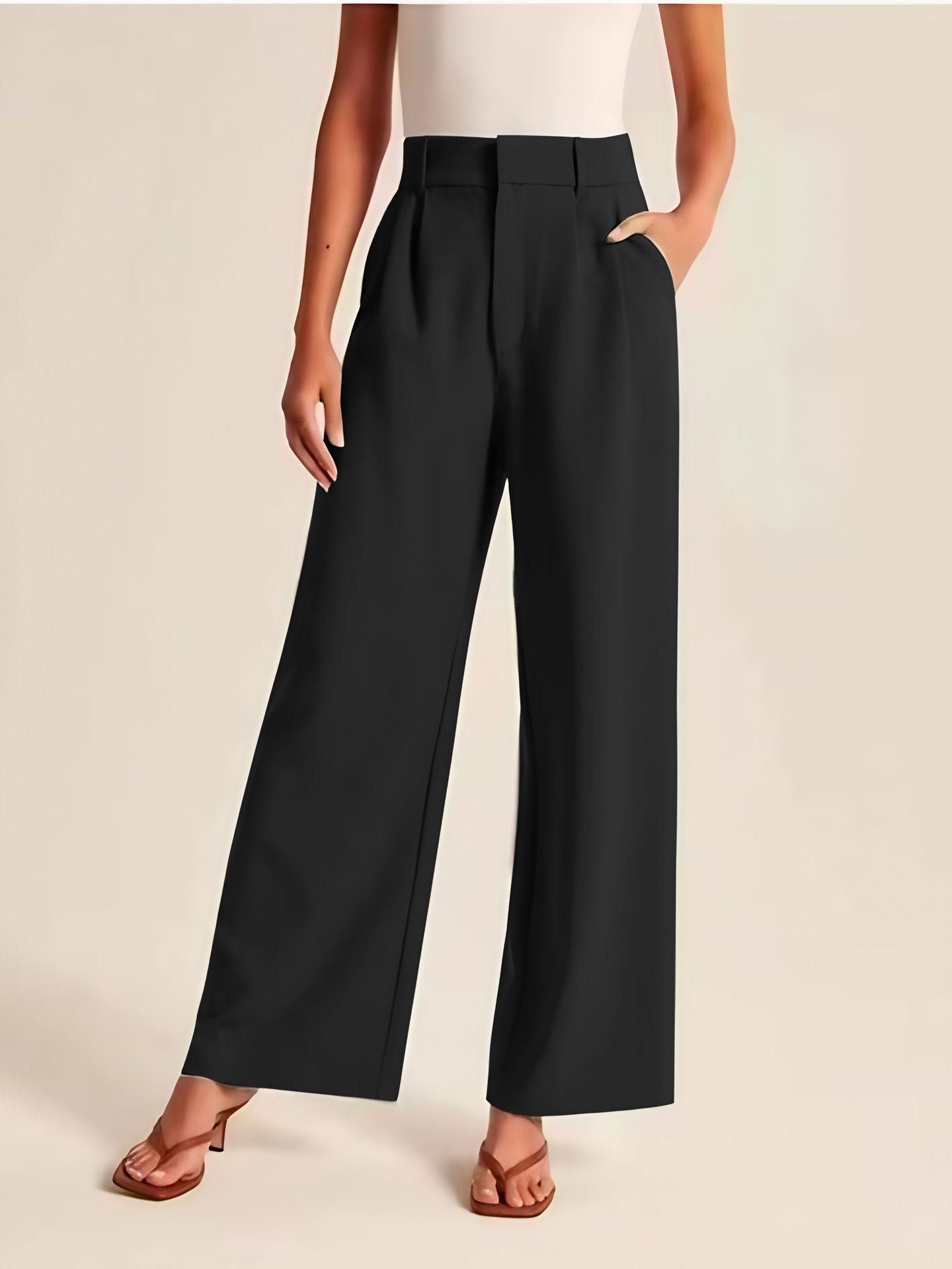 High Waist Straight Trousers With Pockets Wide Leg Casual Pants For Women