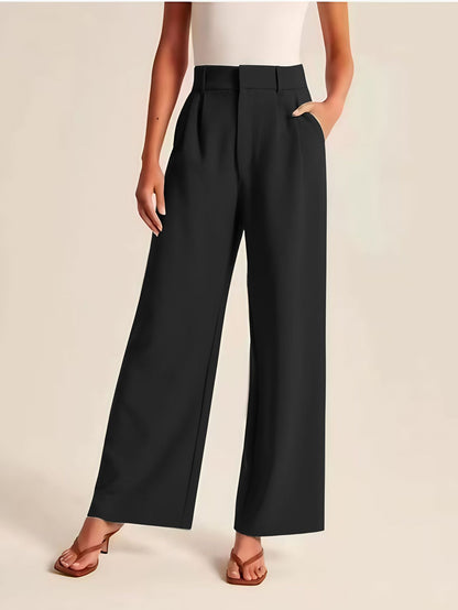 High Waist Straight Trousers With Pockets Wide Leg Casual Pants For Women