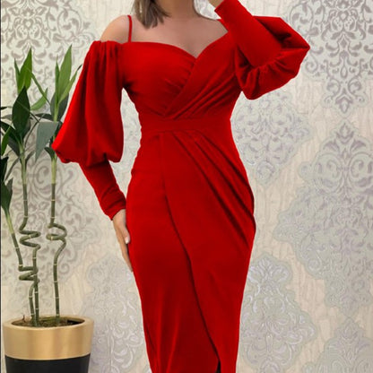 Women's Strapless Halter Neck Lantern-sleeve Waist Cinching Pleated Dress