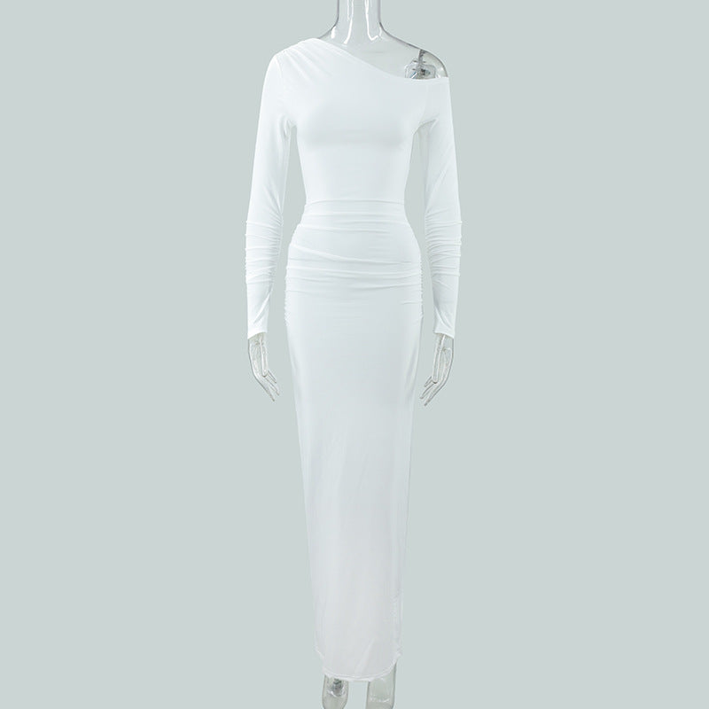 Women's OffshoulderLong-sleeve Figurehugging Pleated Maxi Dress