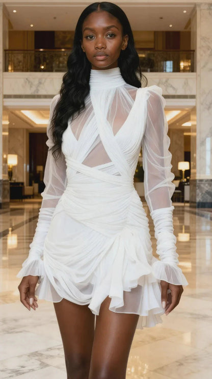 Women's Ruffle Trimmed High Neck Pleated Patchwork Dress