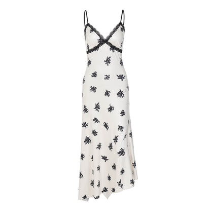 Spliced Lace V-neck Sleeveless Printed Suspender Dress