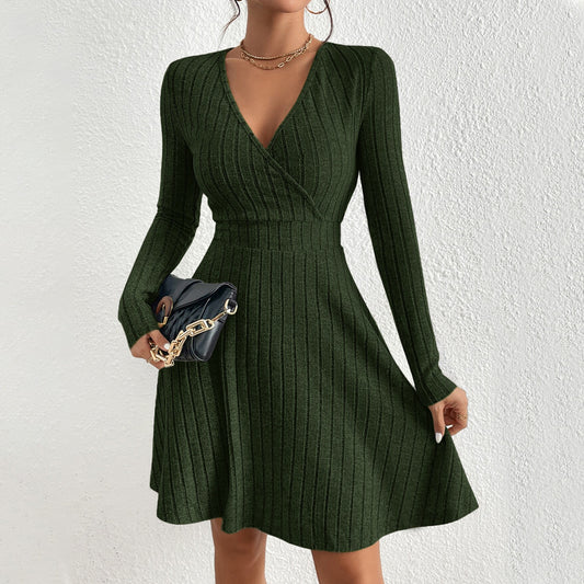 European And American Sexy Women's V-neck Waist-cinching Popular Fabric Ribbed Brushed Long-sleeve Dress