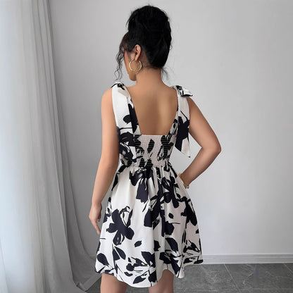 Fashion Ruffled Square Neck All-over Print Dress