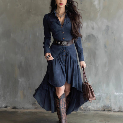 French Suede High-waisted Flare Cake Maxi Skirt With Belt