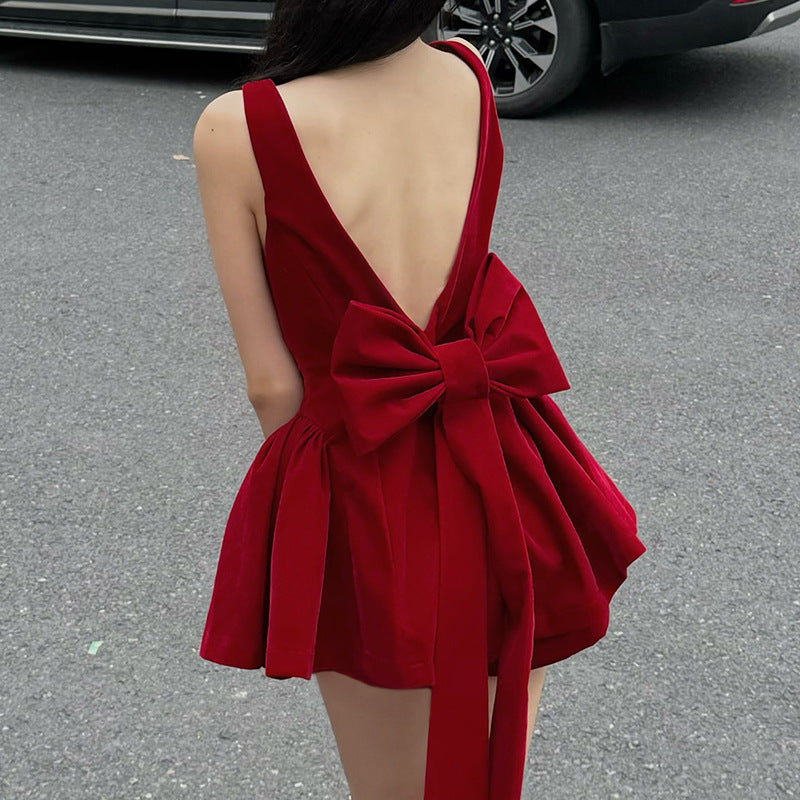 Luxurious Open-back Patchwork Bow-knot Vest Dressstylish High-waisted Figure-hugging A-line Mini Skirt