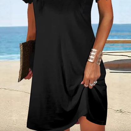 Fashionable Short-sleeve Square-neck Dress With Lace Trim