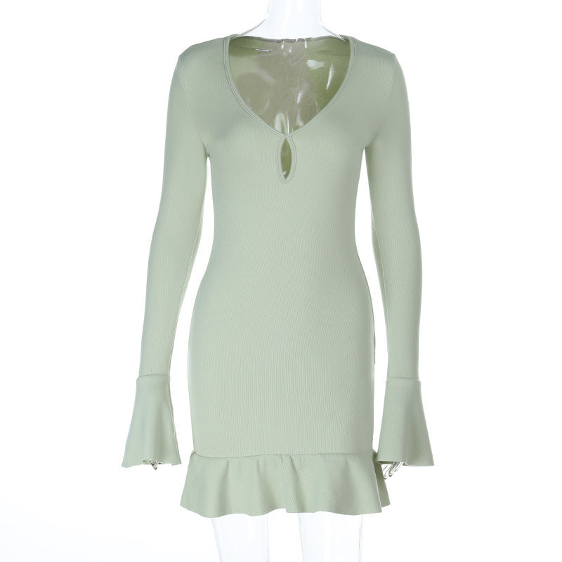 Women's Knitted Hollow-out Ruffled Long-sleeve Dress