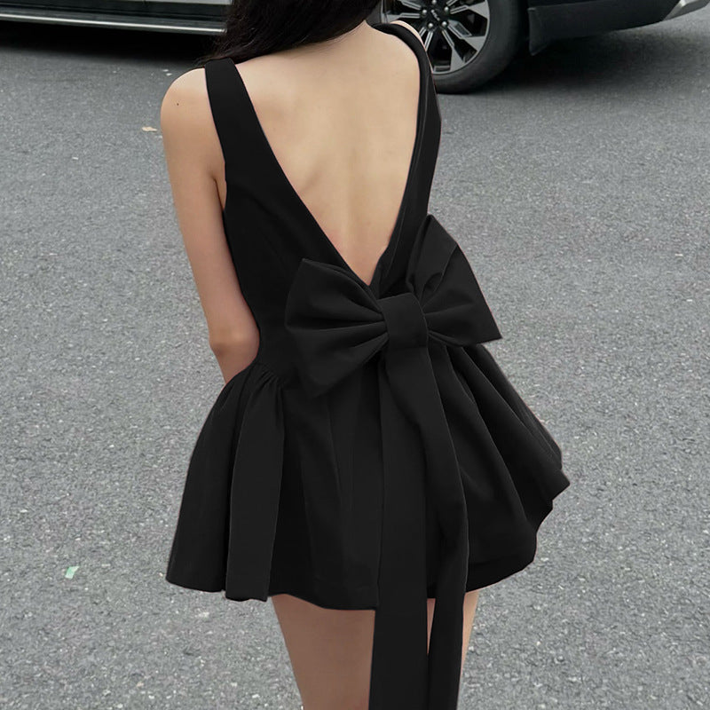 Luxurious Open-back Patchwork Bow-knot Vest Dressstylish High-waisted Figure-hugging A-line Mini Skirt