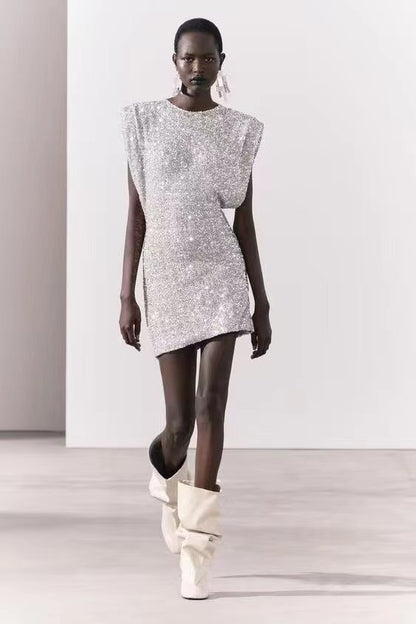 Sequins Decorated Sleeveless Shoulder Pad Sequin Dress