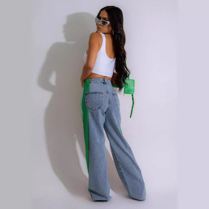 2025 Fashion Casual High Waist Elastic Straight Leg Trousers Three Stripe Patchwork Denim Wide Leg Pants Streetwear