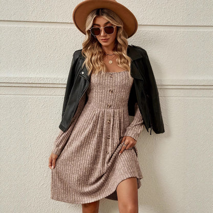 Women's Casual Fashion Loose Solid-Color Ribbed Long-Sleeve Dress