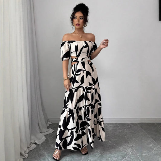 Off-shoulder Sexy Hollow-out Dress Printed Bodycon Dress That Flatters Your Figure And Shows Off Your Waist