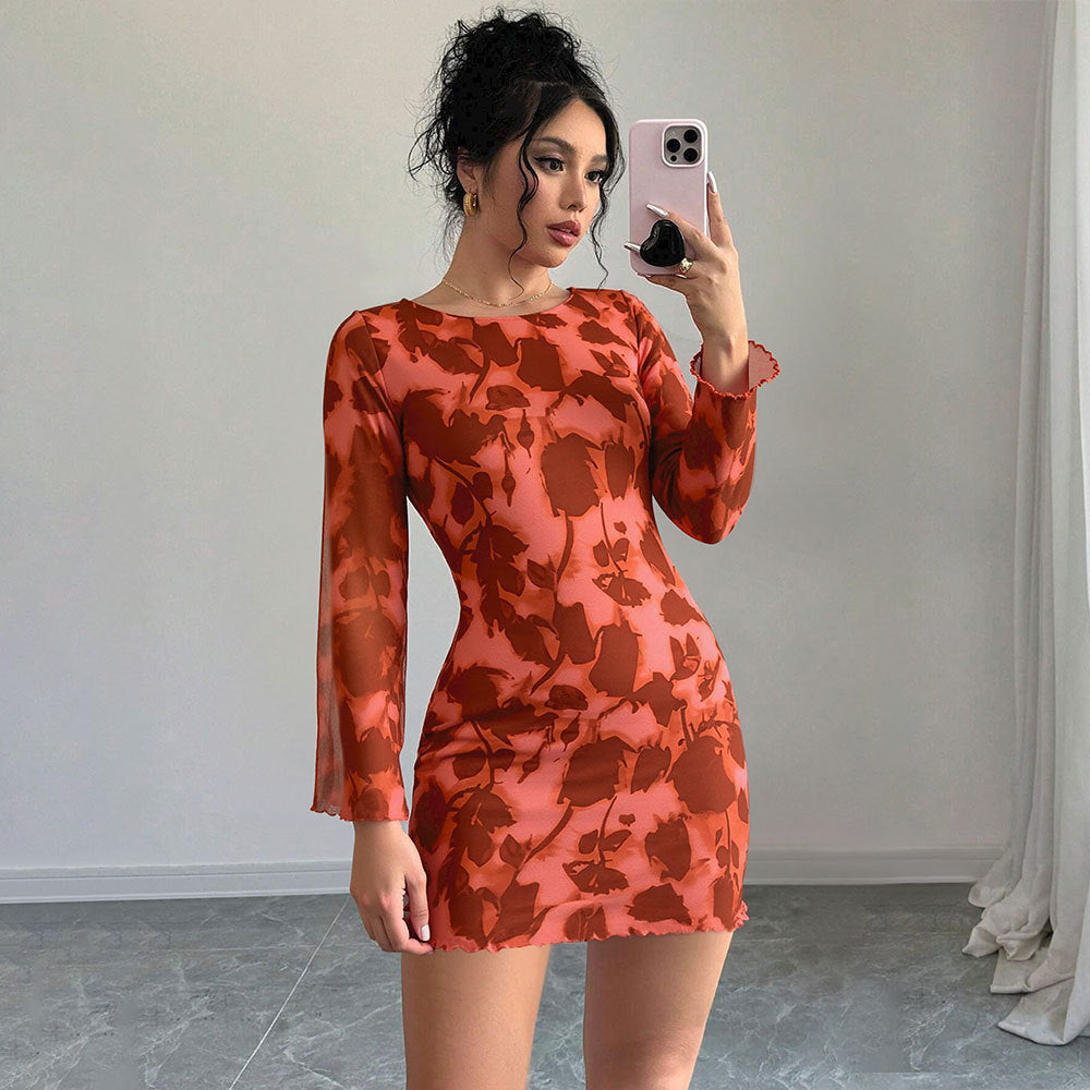 Autumn And Winter New Sexy Backless Mesh Print Long Sleeve Bodycon Dress