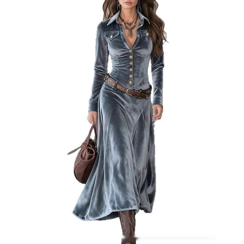 Women's Retro Elegant Long-Sleeve Dress With Metal Buttons