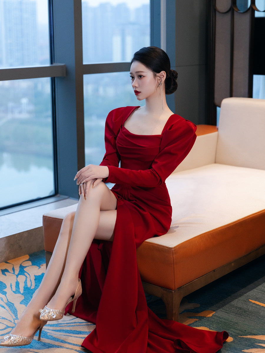 Fishtail Square Collar Long Sleeve Design Simple Satin Evening Dress