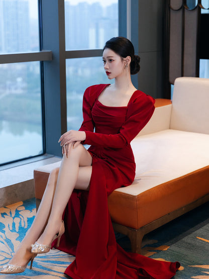 Fishtail Square Collar Long Sleeve Design Simple Satin Evening Dress