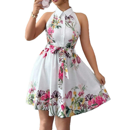 Women's Casual Printed Waist-Cinching Halter-Neck Lace-Up Dress