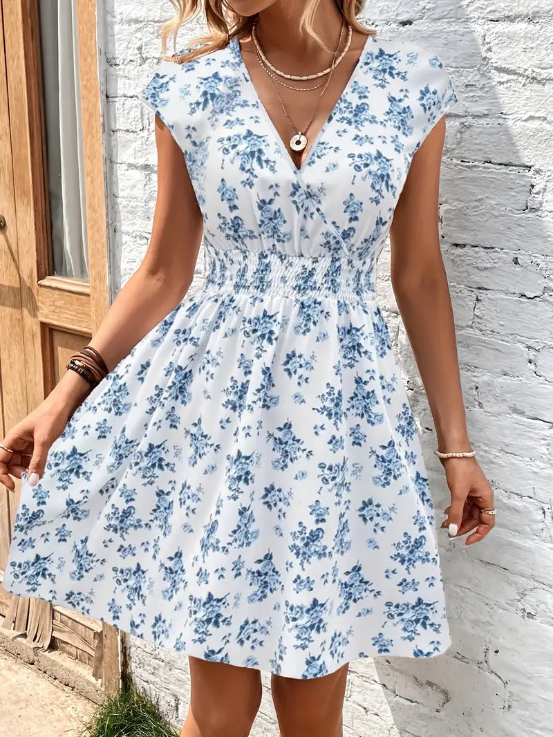 Women's Casual Loose-fit V-neck Floral Dress