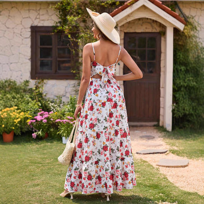 Women's V-neck Slip Dress With Bow And Floral Print